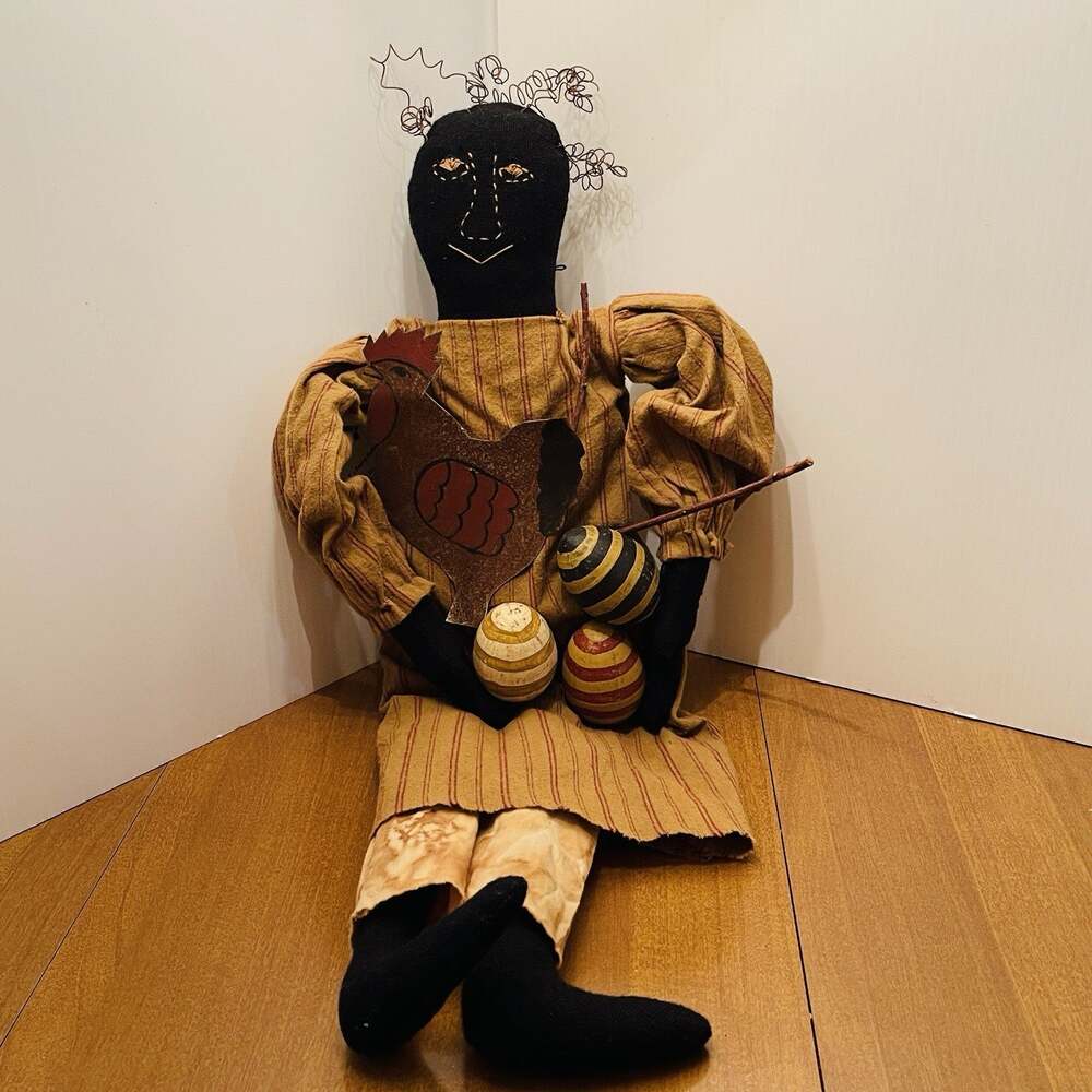 Handmade Primitive Doll Folk Art Wooden Eggs Metal Chicken Rustic Farmhouse